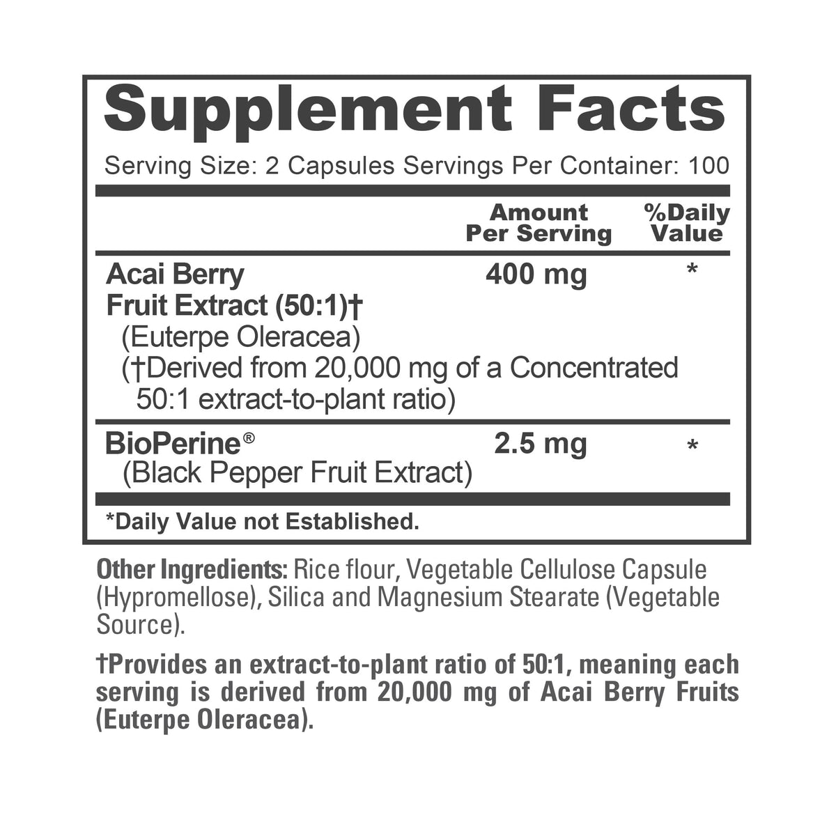 NusaPure Acai Berry 50:1 Extract - Suitable for Vegetarian/Vegan, Non - GMO - 20000 mg - 200 Capsules NusaPureBuy Supplements Australia