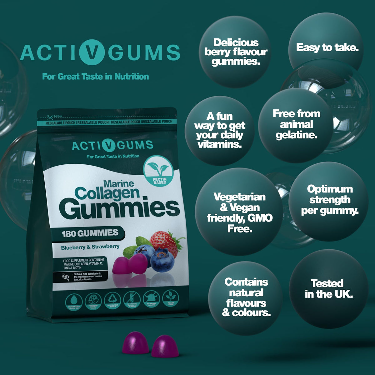 Marine Collagen Complex 180 Gummies. Strawberry & Blueberry Flavour. Resealable & Recyclable Pouch. Contains Marine Collagen, Vitamin C Activ GumsBuy Supplements Australia