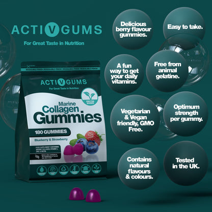 Marine Collagen Complex 180 Gummies. Strawberry & Blueberry Flavour. Resealable & Recyclable Pouch. Contains Marine Collagen, Vitamin C Activ GumsBuy Supplements Australia