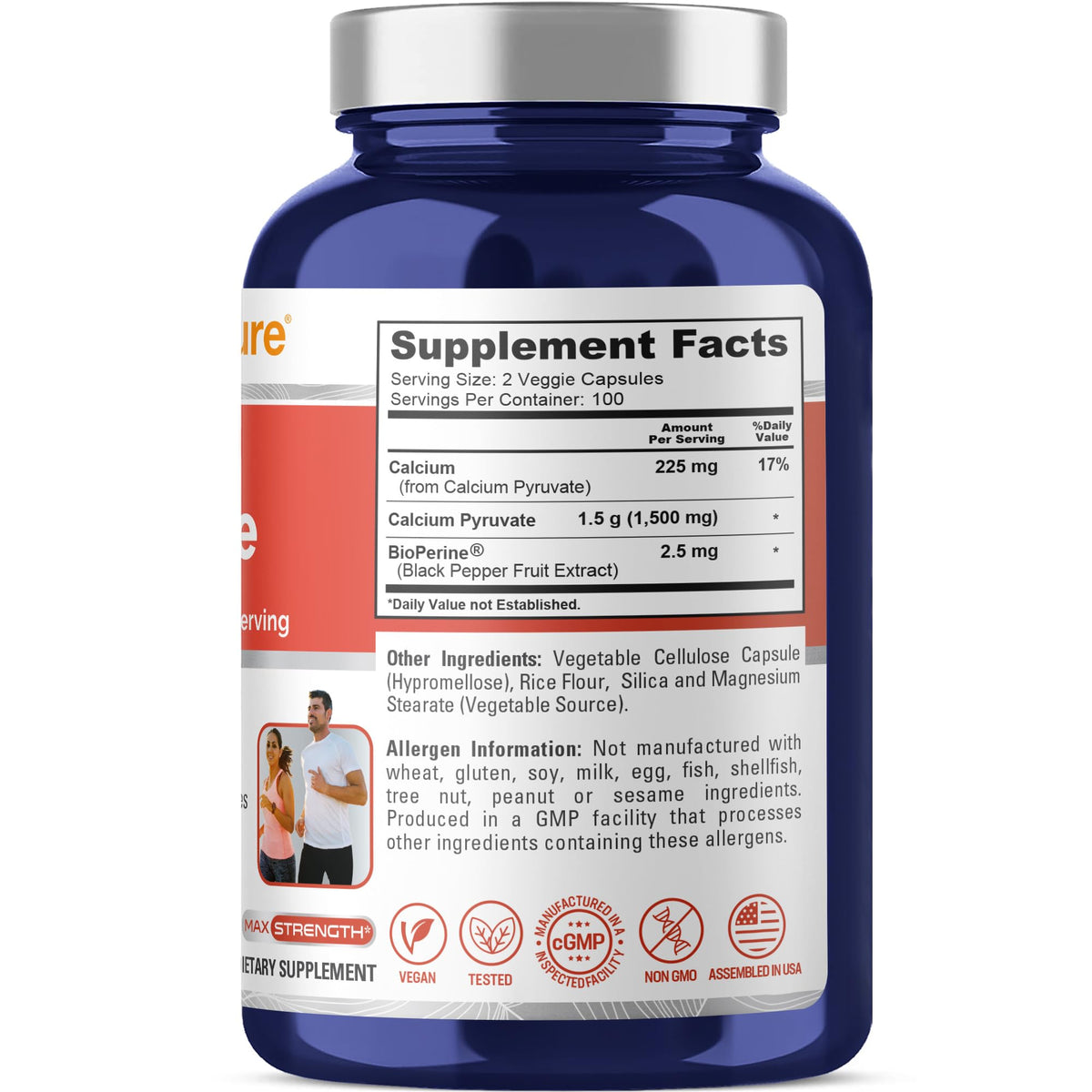 NusaPure Calcium Pyruvate - Suitable for Vegetarian/Vegan, Non - GMO - 1500 mg - 200 Capsules NusaPureBuy Supplements Australia