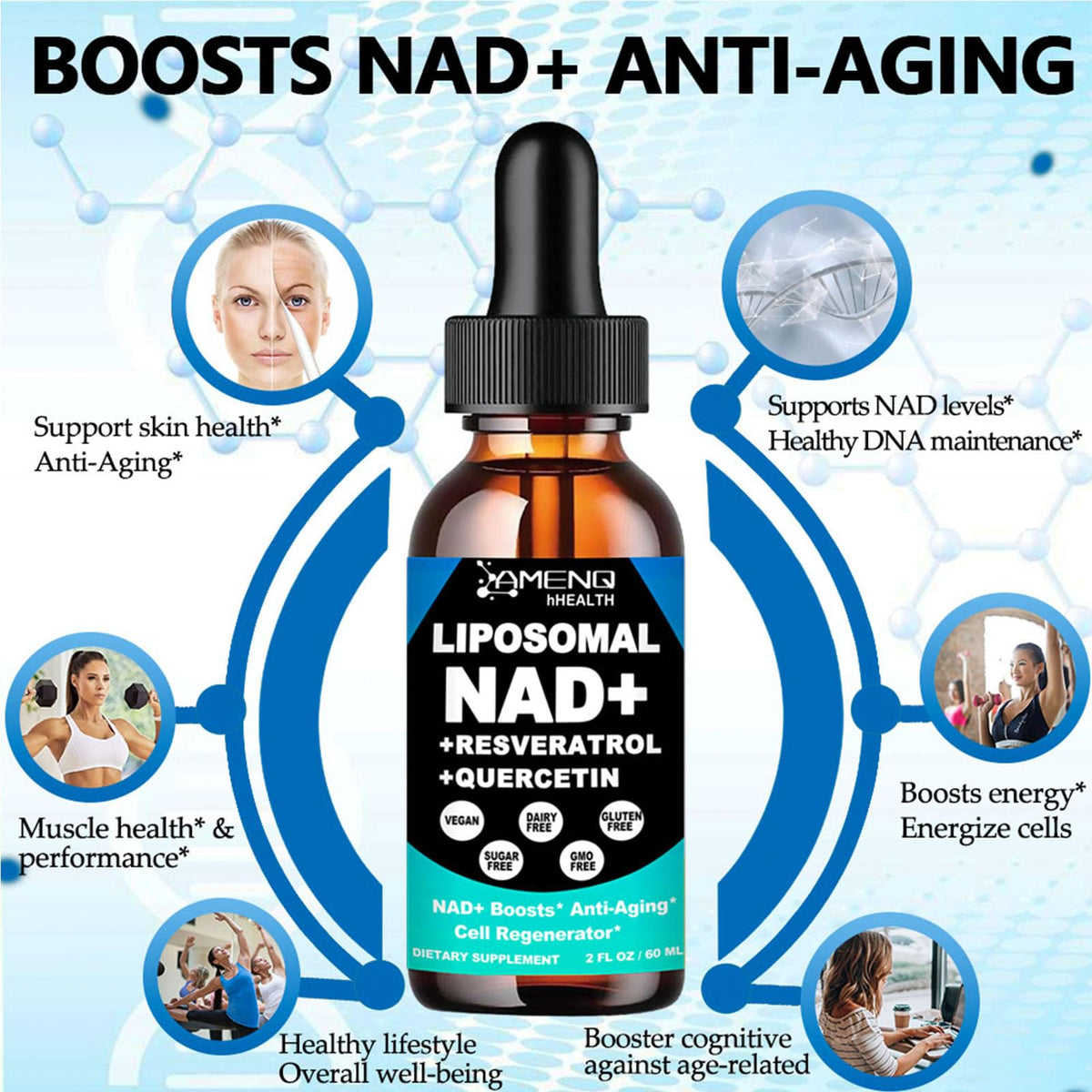 NAD Supplement, Liposomal NAD Nicotinamide Riboside Resveratrol 900mg Quercetion, TMG, Vitamin B3, High Potency NAD Plus Liquid Supplement for Cell Regenerator, Longevity, Energy, Anti-Aging, Focus AMENQ hHEALTHBuy Supplements Australia