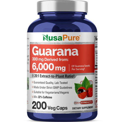 NusaPure Guarana Extract 20:1 Extract, 300 mg Equivalent to 6,000 mg per Veggie Caps 200 Count (Non-GMO, Vegan) NusaPureBuy Supplements Australia