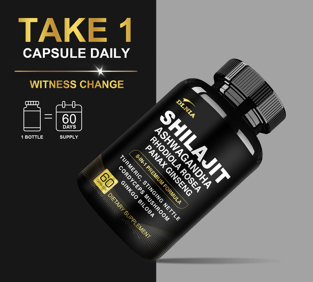 DLNIA 8-in-1 Shilajit for Men & Women with Ashwaganda Himalayan Organic Supplement with Rhodiola Rosea, Ginseng, Turmeric, Mushroom, for Immune Support, Energy, Calm, Focus, Clarity, Sleep, Cortisol DLNIABuy Supplements Australia
