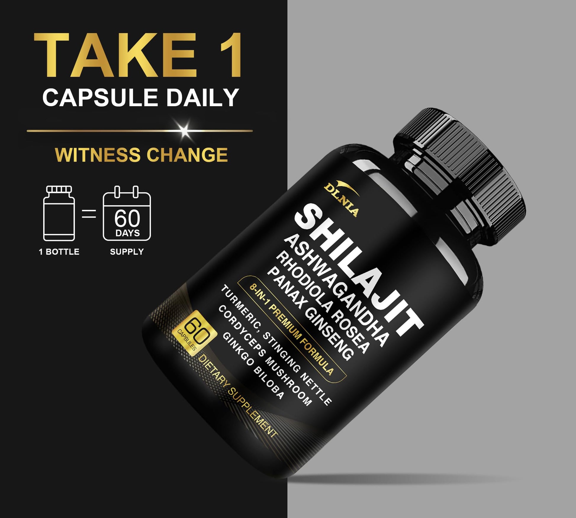 DLNIA 8-in-1 Shilajit for Men & Women with Ashwaganda Himalayan Organic Supplement with Rhodiola Rosea, Ginseng, Turmeric, Mushroom, for Immune Support, Energy, Calm, Focus, Clarity, Sleep, Cortisol DLNIABuy Supplements Australia