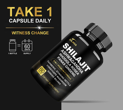 DLNIA 8-in-1 Shilajit for Men & Women with Ashwaganda Himalayan Organic Supplement with Rhodiola Rosea, Ginseng, Turmeric, Mushroom, for Immune Support, Energy, Calm, Focus, Clarity, Sleep, Cortisol DLNIABuy Supplements Australia