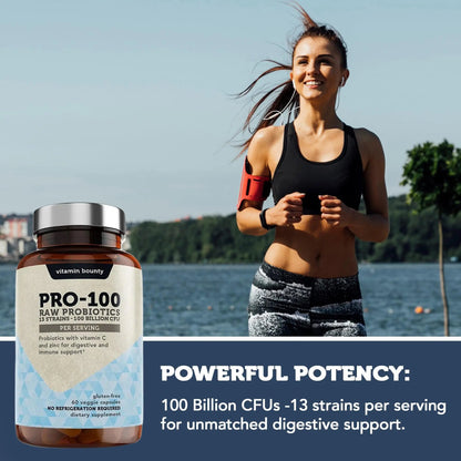 Vitamin Bounty Pro-100 Probiotic 100 Billion CFU - 13 Strains for Digestive Health & Immune Support - High Potency Probiotics for Women & Men - Delayed Release Capsules for Gut Health - 60 Count Vitamin BountyBuy Supplements Australia
