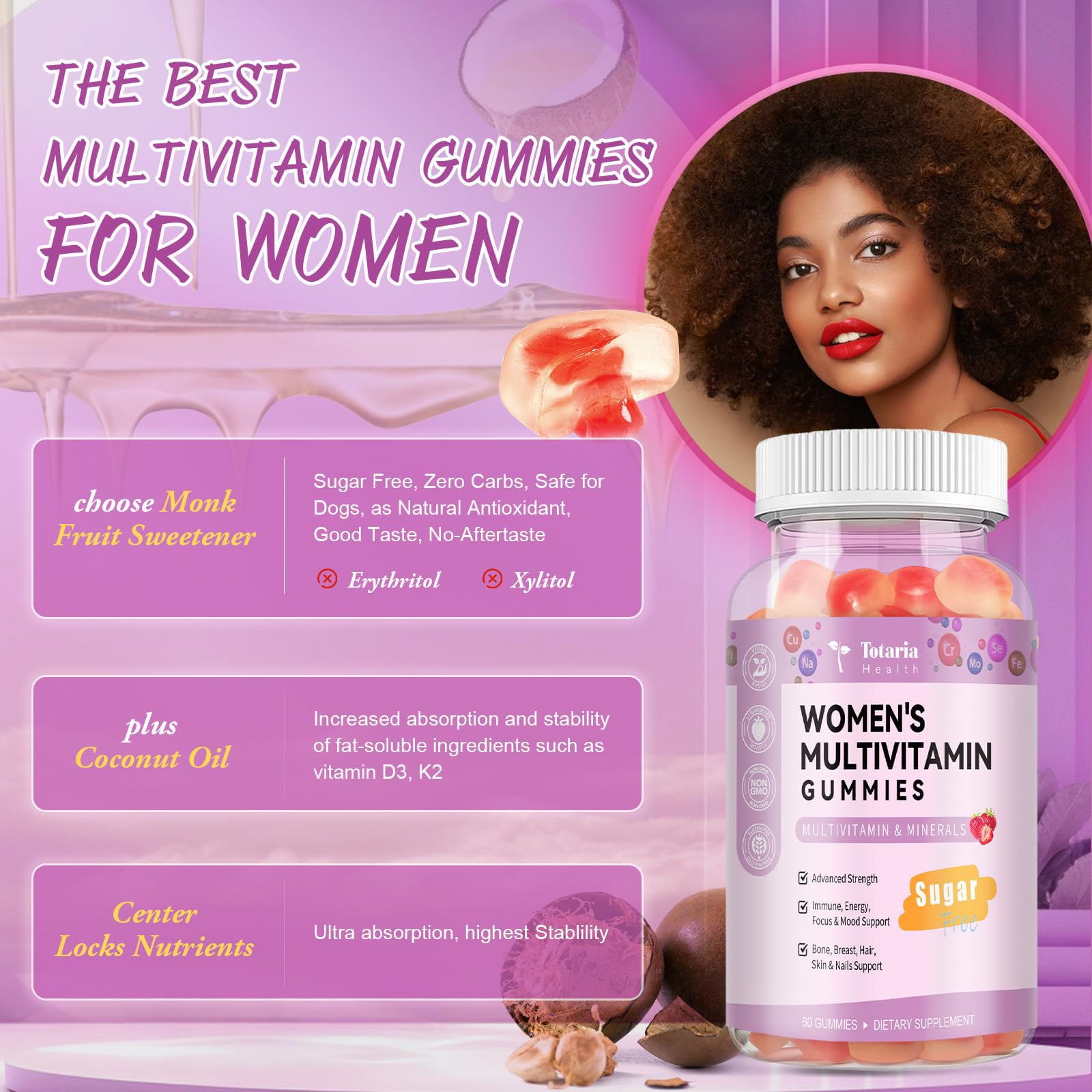 Totaria Sugar Free Multivitamin Gummies for Women 14+ w/Iron, Inositol, Folate, Biotin, Womens Daily Multivitamin Gummy w/Vitamin A, C, B, D3, K2 TotariaBuy Supplements Australia