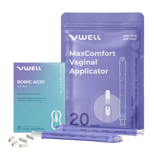 VWELL Boric Acid Vaginal Suppositories 600mg w/MaxComfort Applicator Bundle - Feminine Care - Odor Itch Burning Irritation - Doctors Recommended for Women (One Size, 20, Count) VWELLBuy Supplements Australia