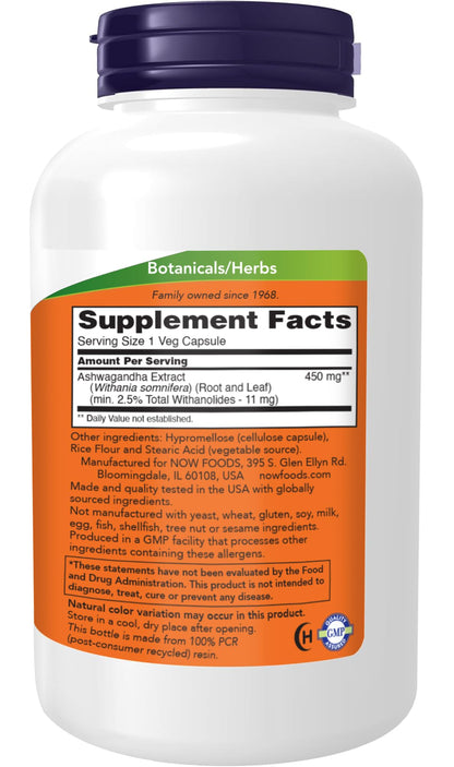 NOW Foods Ashwagandha Extract 450 mg Vegan, Kosher, Non-GMO - 240 Veg Capsules, NOW FoodsBuy Supplements Australia