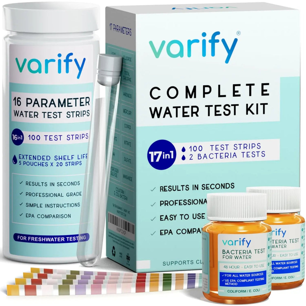 Varify 17in1 Complete Drinking Water Test Kit - 100 Strips + 2 Bacteria Tester Kits - Well, Tap, Home, City Water Testing Strip for Lead, Alkaline, Chlorine, Hardness, Iron, Fluoride, Copper & More VARIFYBuy Supplements Australia