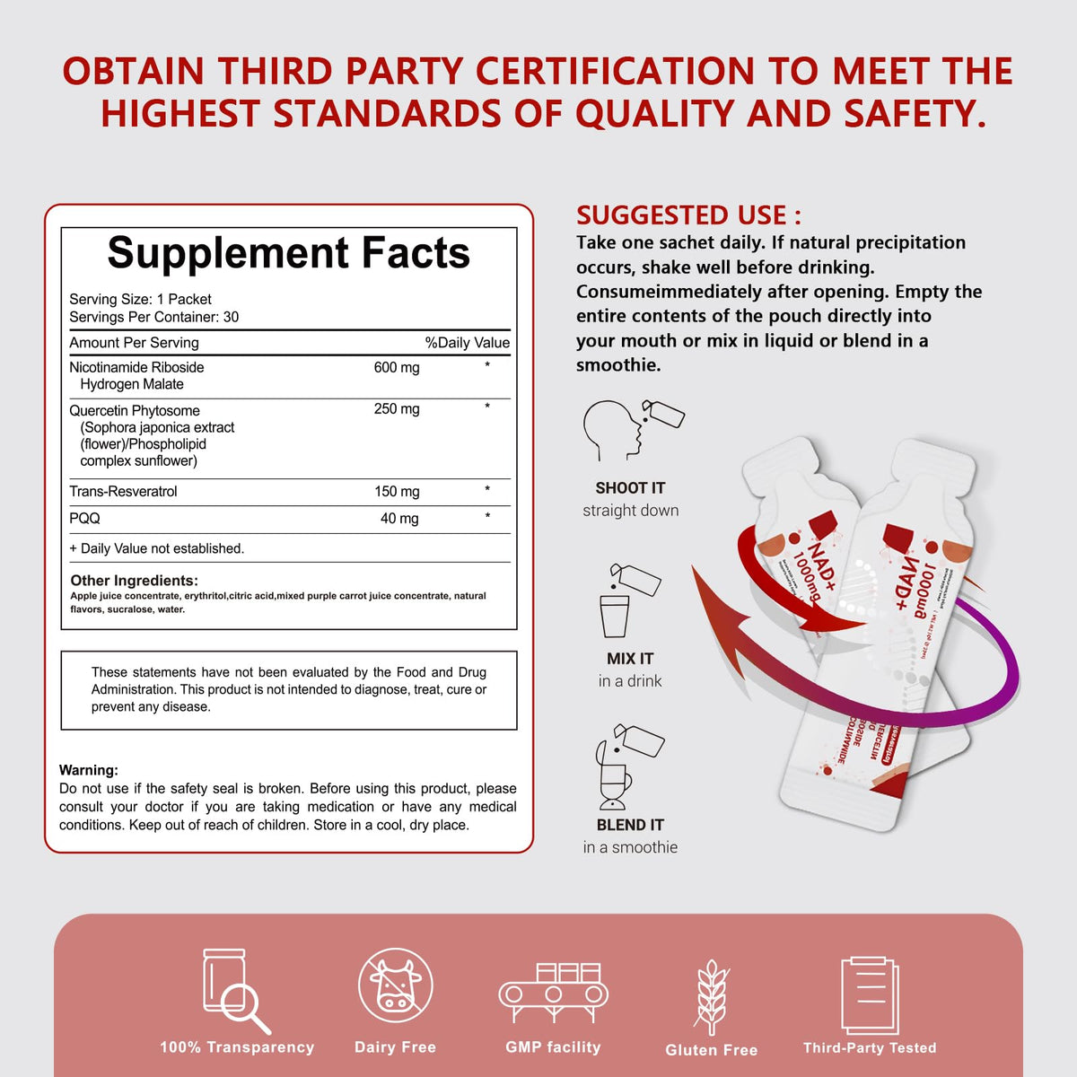 Buporai NAD Supplement 1000 mg Liquid Packets - NAD Supplements for Women & Men with Nicotinamide Riboside, Resveratrol, PQQ, Quercetin - NMNH Supplement Alternative for Anti-Aging, Energy-30 Packets BuporaiBuy Supplements Australia
