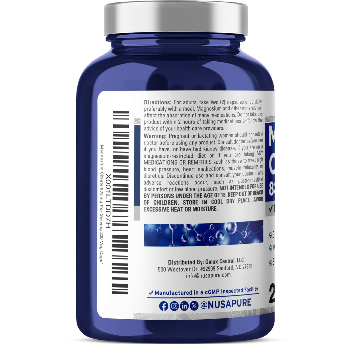 NusaPure Magnesium Citrate 833mg - 200 Veggie Capsules (Vegetarian, Non-GMO, Vegan) NusaPureBuy Supplements Australia