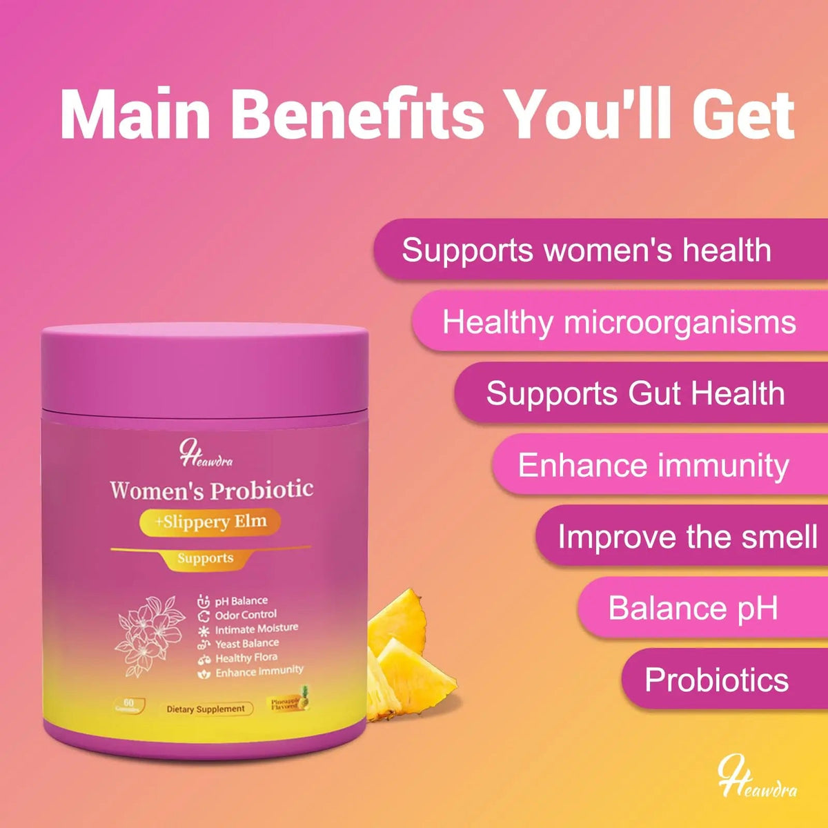 Her Juicy Women's Probiotic Gummies: Supports Women’s Wellness & pH Balance, Clean Vegan, Pineapple Flavor, Prebiotics & Lactobacillus Blend, with Slippery Elm, Gut Health & Immune Defense, 60 Gummies HeawdraBuy Supplements Australia