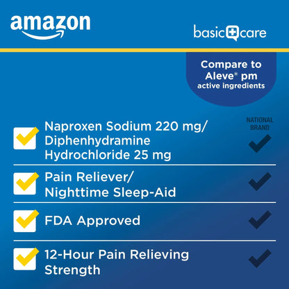 Amazon Basic Care All Night Pain Relief PM, Naproxen Sodium 220 mg/Diphenhydramine Hydrochloride 25 mg Tablets, Pain Reliever/Nighttime Sleep-Aid, 160 Count Amazon Basic CareBuy Supplements Australia