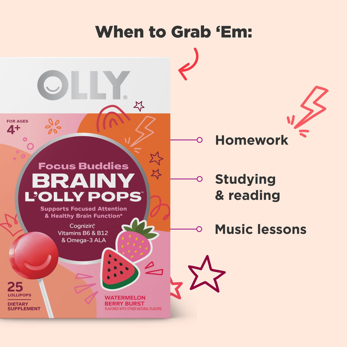 OLLY Focus Buddies L’OLLY Pops, Cognizin, Vitamins B6 and B12, Omega-3 ALA, Supports Focused Attention and Healthy Brain Function,* Kids 4+ Dietary Supplement, Watermelon Strawberry Flavored, 25 Count OLLYBuy Supplements Australia