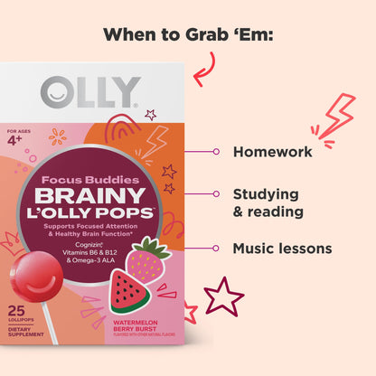 OLLY Focus Buddies L’OLLY Pops, Cognizin, Vitamins B6 and B12, Omega-3 ALA, Supports Focused Attention and Healthy Brain Function,* Kids 4+ Dietary Supplement, Watermelon Strawberry Flavored, 25 Count OLLYBuy Supplements Australia