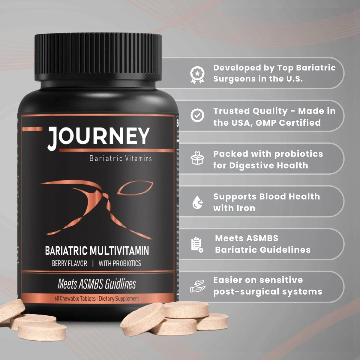 Journey Bariatric Multivitamin with Probiotics & Iron – Chewable, Berry (60 Count) Journey Bariatric Vitamins