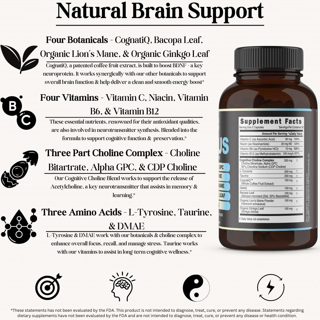 Inner Bounty Focus 14-in-1 Nootropic Brain Supplement with Lions Mane, Alpha GPC Choline, Vitamin C & B12, Taurine, Bacopa - Energy, Cognitive, Memory Support, 60 Filler Free Capsules Inner BountyBuy Supplements Australia
