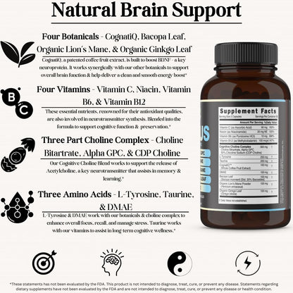 Inner Bounty Focus 14-in-1 Nootropic Brain Supplement with Lions Mane, Alpha GPC Choline, Vitamin C & B12, Taurine, Bacopa - Energy, Cognitive, Memory Support, 60 Filler Free Capsules Inner BountyBuy Supplements Australia