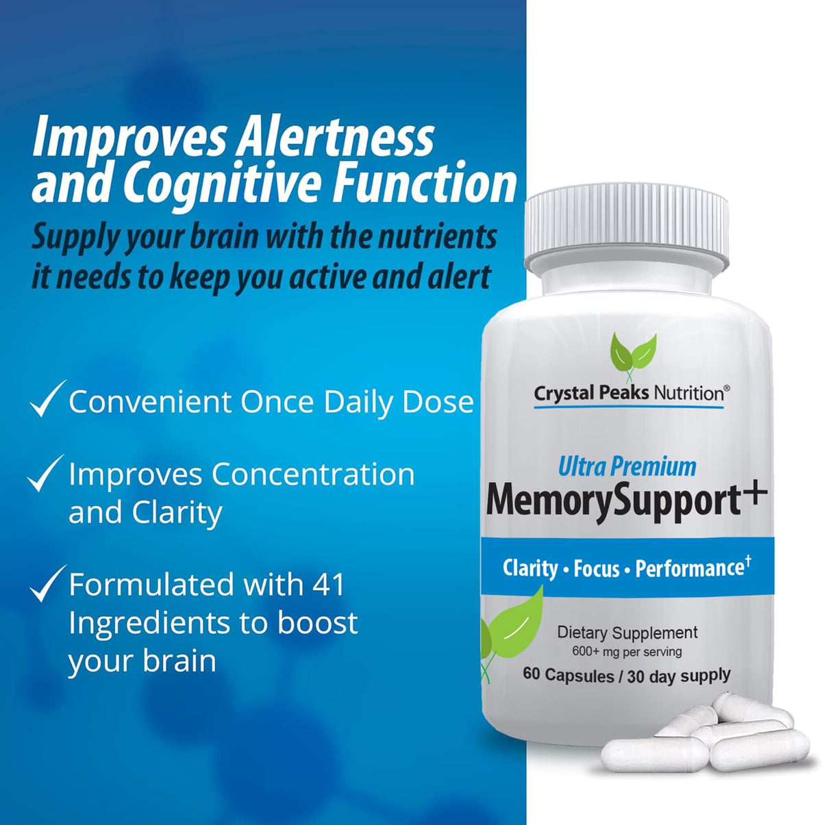 Memory Boost + Brain Support Supplement – Nootropic for Focus, Concentration, Memory. Enhanced Energy, Recall and Alertness - 60 Capsules/30-day Supply. CRYSTAL PEAKS NUTRITION buy supplements Au