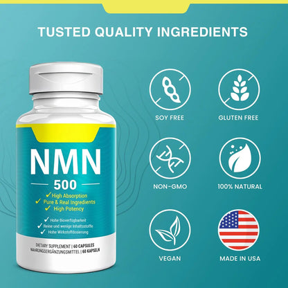 Vegan NMN Supplement 500mg, Higher Absorption - 99% Pure NMN (Nicotinamide Mononucleotide)for NAD+, Cellular Energy Immune Muscle, Anti-Aging & Longevity, Stabilized NMN - 60 Capsules (60 Days Supply) NivantavBuy Supplements Australia