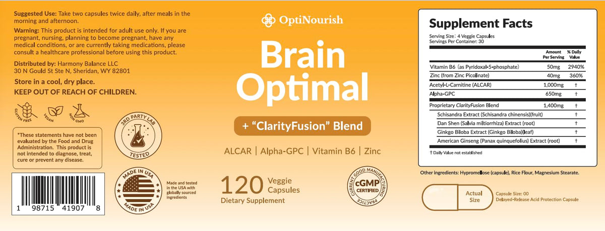 OPTINOURISH Brain Supplement for Memory and Focus, Nootropic for Adults, Fuel Brain Energy & Mental Clarity, Caffeine Free,Cognitive Support, Doctor-Formulated, Made in USA,cGMP,120 Caps OPTINOURISHBuy Supplements Australia