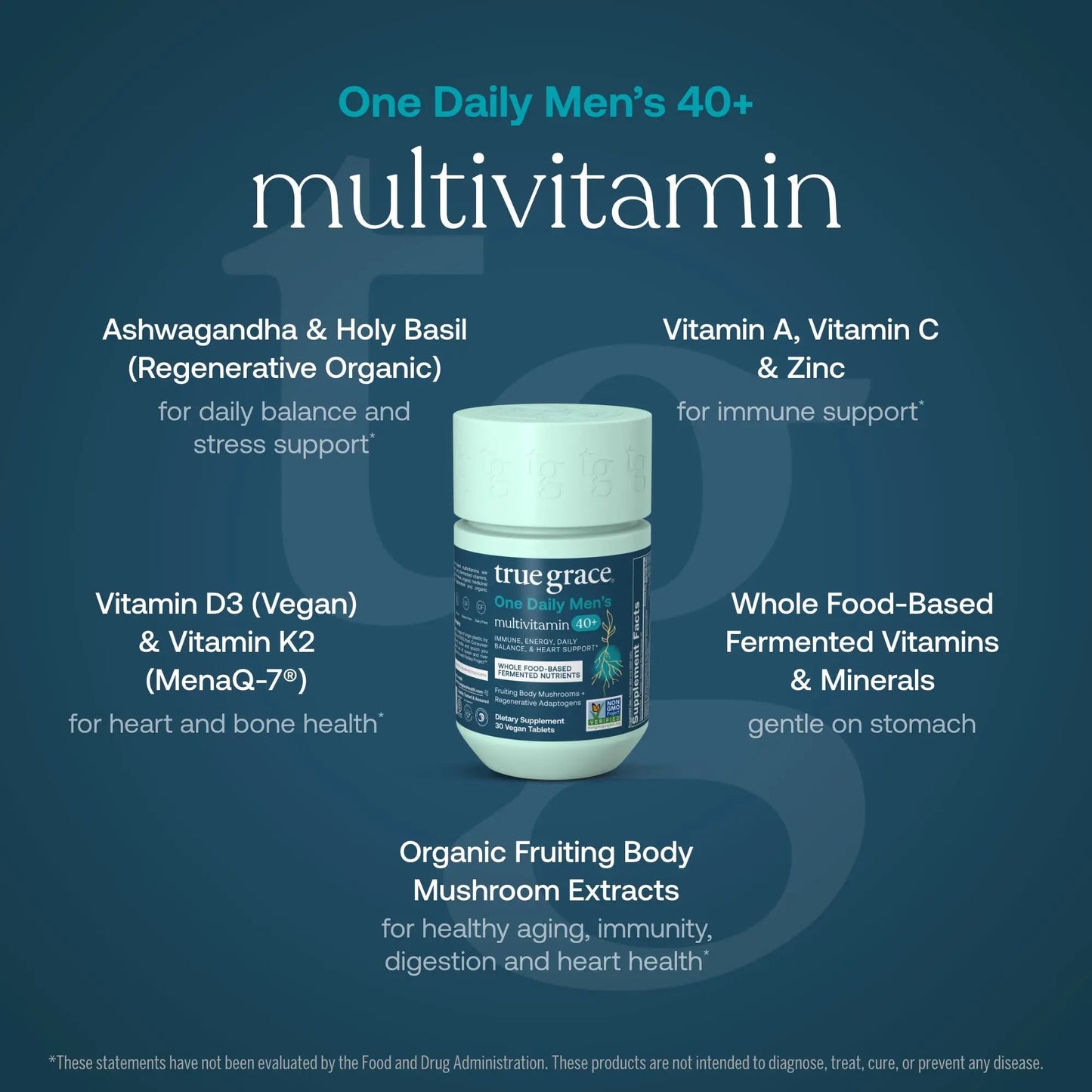 True Grace Men's 40+ One Daily Multivitamin Fermented Minerals, Organic Adaptogens & Mushrooms Whole Body Balance Immune True Grace
