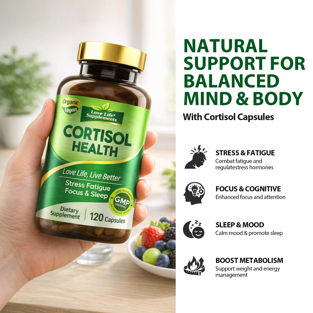 Cortisol Supplements for Women/Men, Advanced Stress & Cortisol Support with Ashwagandha & Rhodiola Rosea, Promotes Relaxation, Mood, Focus, and Restful Sleep for Men and Women, 120 Capsules Love Life SupplementsBuy Supplements Australia