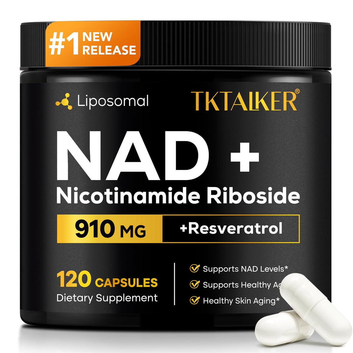 Supplement container labeled 'NAD+ Nicotinamide Riboside' with white capsules on a white background