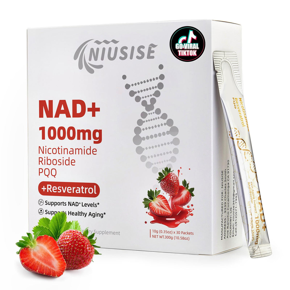 Niusise NAD+ supplement packaging with strawberries on a white background