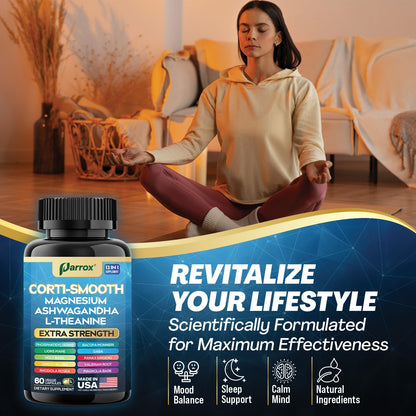 Parrox Corti-Smooth Cortisol Supplement Magnesium, L-Theanine, Ashwagandha, Phosphatidylserine, Valerian Root, Lions Mane, Bacopa Monnieri, Ginkgo Biloba, Panax Ginseng, Magnolia Bark, GABA (60 Caps) ParroxBuy Supplements Australia