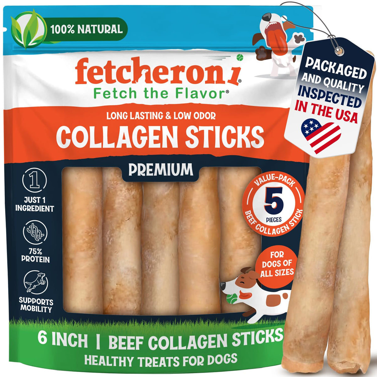 FETCHERONI 6" Collagen Sticks for Dogs – Low Odor Long-Lasting Bully Stick & Rawhide Alternative, Single Ingredient Beef Bone, High Protein Dental Treat, Vet Approved, Improves Joint Health – 5 Pack FETCHERONIBuy Supplements Australia