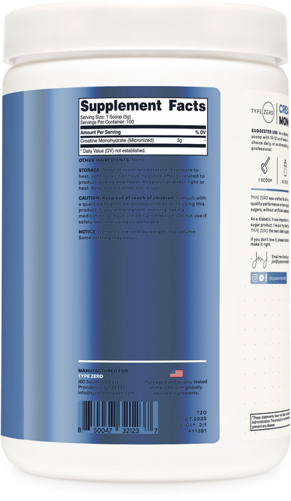Type Zero Creatine Monohydrate Powder (Unflavored | 500g), 5000 mg Per Serving, Micronized, Zero Sugar, Keto Friendly & Gluten Free, 100 Servings Type ZeroBuy Supplements Australia