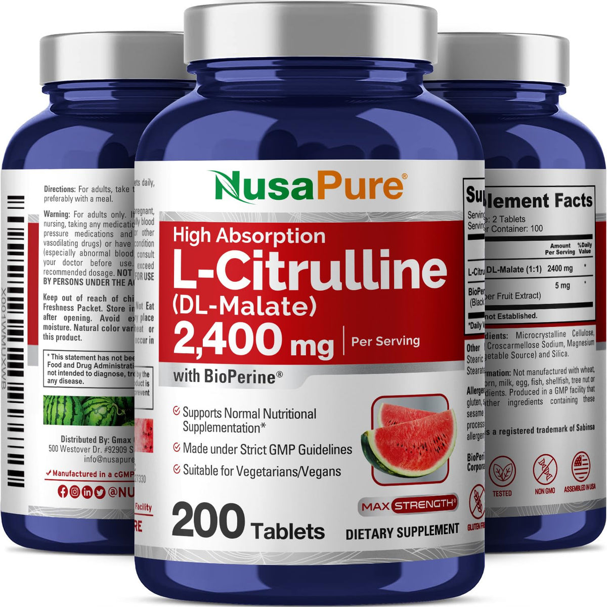 NusaPure L-Citrulline 2,400mg 200 Vegetarian Tablets (Non-GMO, Gluten Free, 100-Day Supply, Bioperine) NusaPureBuy Supplements Australia