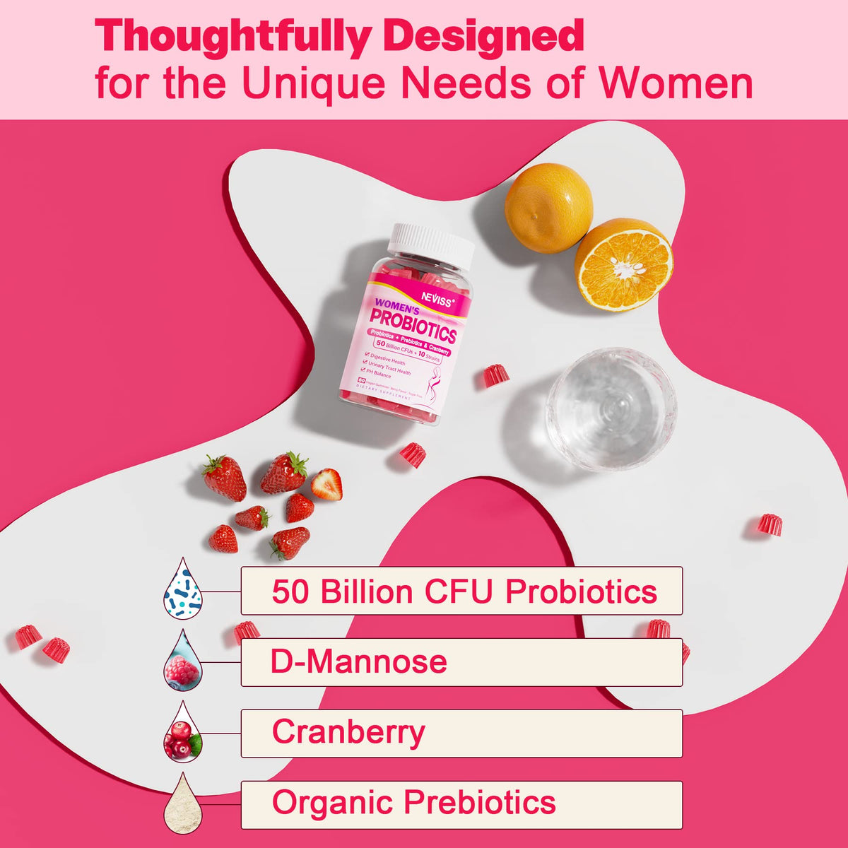 Probiotics for Women Gummies, Sugar Free Vaginal Probiotics 50 Billion CFU 10 Strains w/ Cranberry NEVISSBuy Supplements Australia
