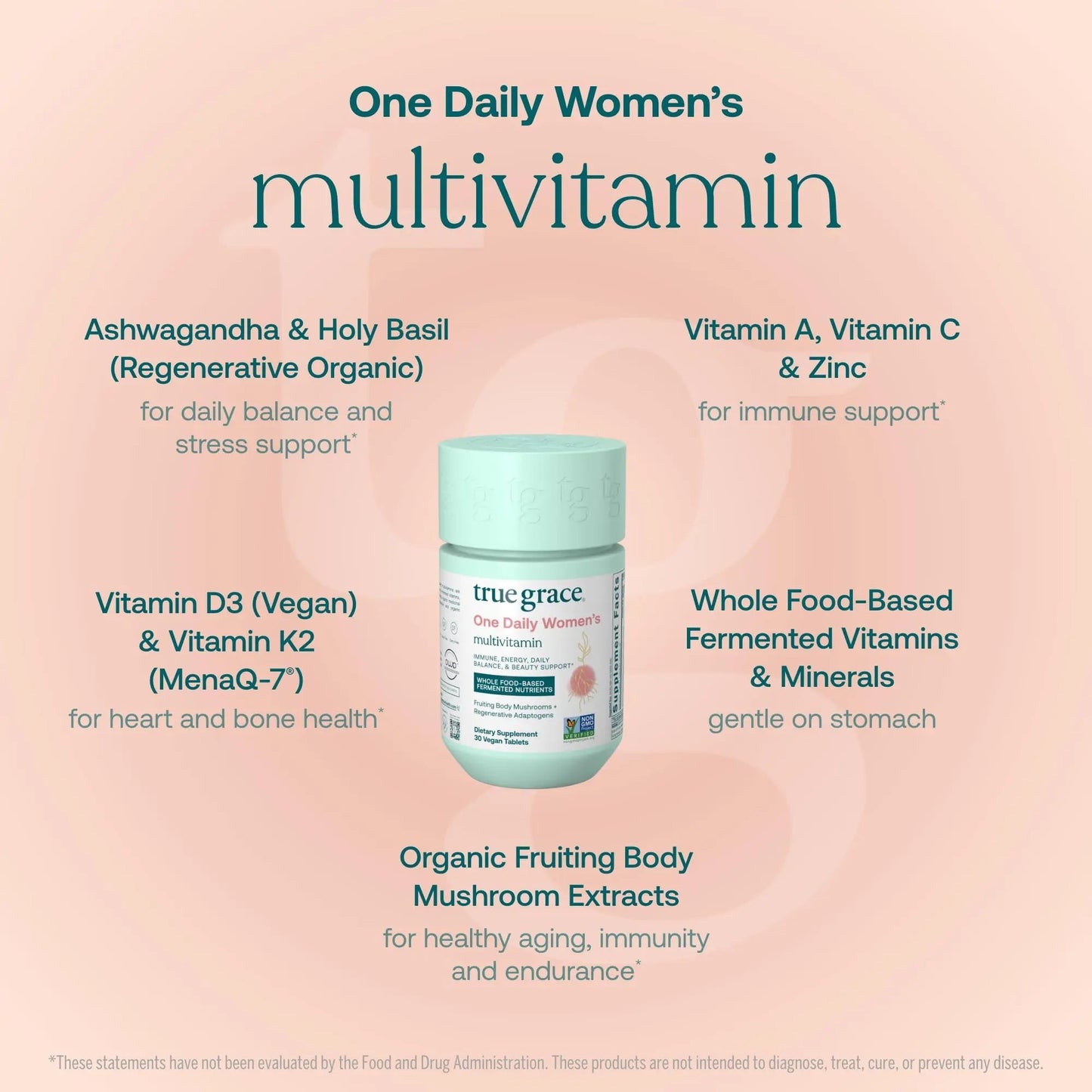 True Grace One Daily Women’s Multivitamin Fermented Minerals, Organic Adaptogens & Mushrooms Whole Body Balance, Immune, Energy, Beauty Support True Grace