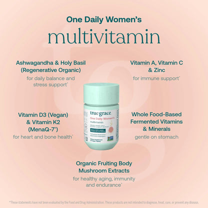 True Grace One Daily Women’s Multivitamin Fermented Minerals, Organic Adaptogens & Mushrooms Whole Body Balance, Immune, Energy, Beauty Support True Grace