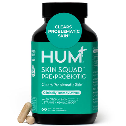 HUM Skin Squad Probiotics for Women and Men, Skin Care Supplement for Clear Complexion & Gut Health Support, Microbiome Prebiotic & Probiotic Supplement for Breakouts, Digestive Health, 60 Capsules HUMBuy Supplements Australia