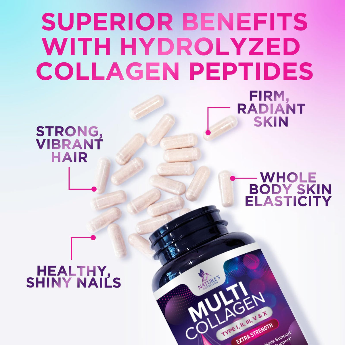 Multi Collagen Pills 2400 mg - Advanced Types I, II, III, V, X - Hydrolyzed Multi Collagen Peptides Pills, Collagen Supplements for Women & Men - Hair, Skin, & Nail Support Supplement - 120 Capsules Nature's NutritionBuy Supplements Australia