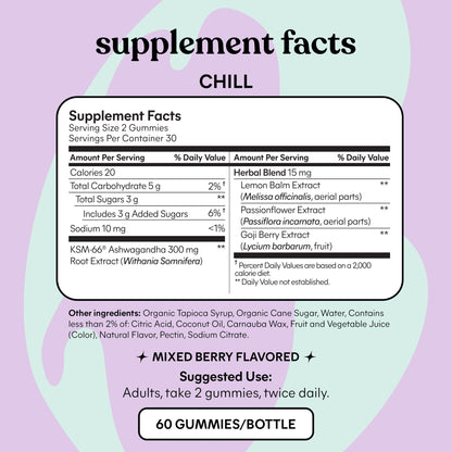 Lemme Chill Stress Relief Gummies with 300mg KSM-66 Ashwagandha, Lemon Balm, Passionflower & Goji to Support Relaxation, Healthy Cortisol & Sleep - Gluten-Free, Non-GMO, Mixed Berry (60 Count) LemmeBuy Supplements Australia