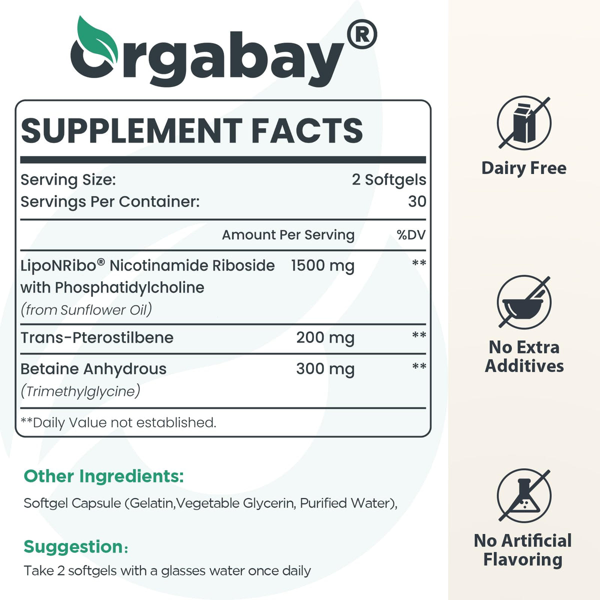 Orgabay Liposomal NAD+ Supplement 500 mg, High Absorption, Boost NAD+ with TMG 250 mg, Actual NAD Plus More Efficient Than Nicotinamide Riboside, Support Cellular Energy, Healthy Aging | 60 Softgels OrgabayBuy Supplements Australia