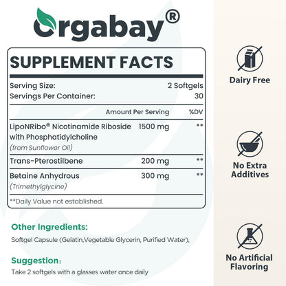 Orgabay Liposomal NAD+ Supplement 500 mg, High Absorption, Boost NAD+ with TMG 250 mg, Actual NAD Plus More Efficient Than Nicotinamide Riboside, Support Cellular Energy, Healthy Aging | 60 Softgels OrgabayBuy Supplements Australia