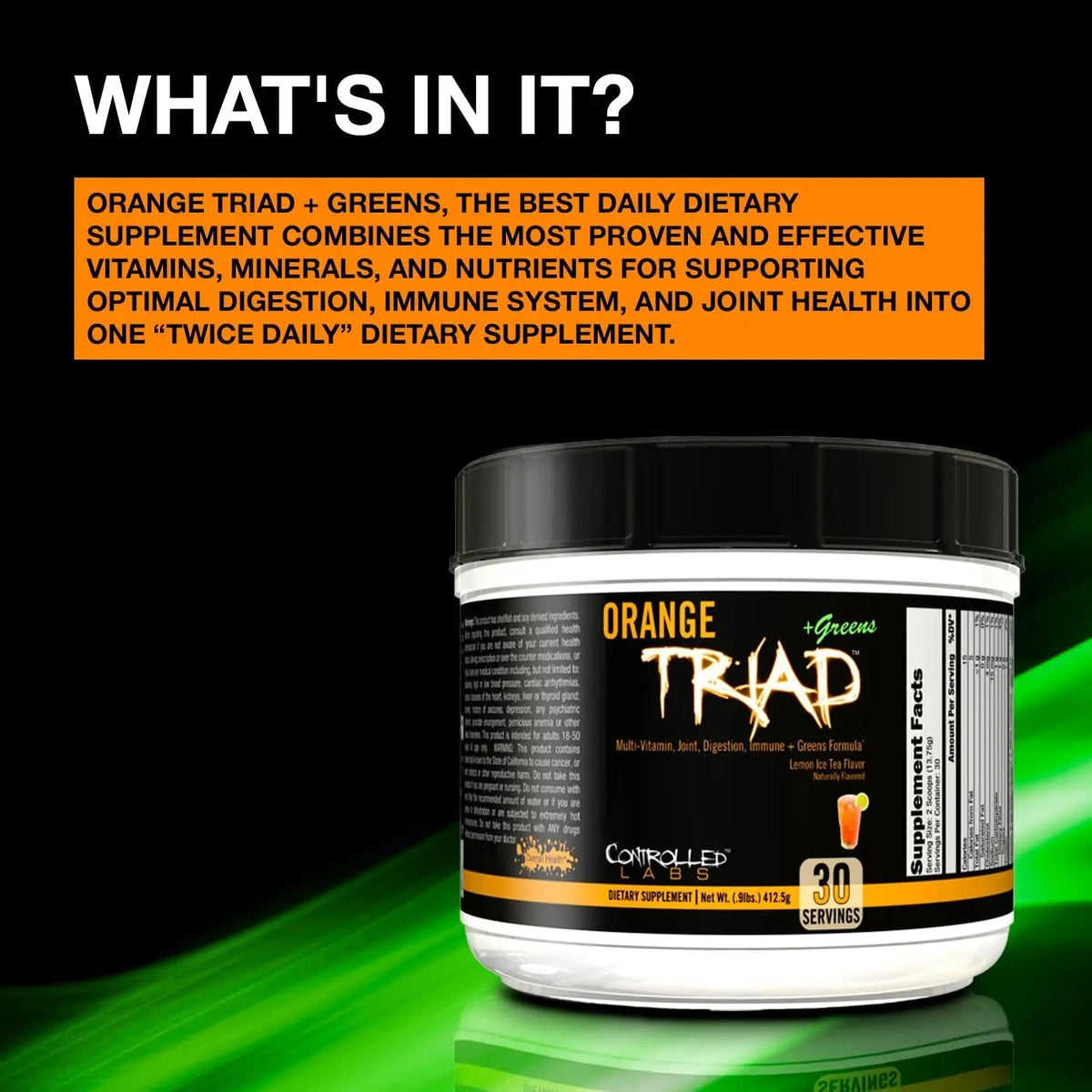 CONTROLLED LABS Orange Triad Plus Greens for Men and Women, 30 Servings Iron Free Sports Supplement for Overall Health CONTROLLED LABS