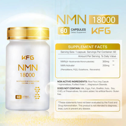KFG NMN 18000 - NMN Nicotinamide Mononucleotide Supplement with Resveratrol, Stabilized Form & 99% High Purity to Boost NAD+ Levels for DNA Repair Supplement,for Healthy Aging,60 Capsules KFGBuy Supplements Australia