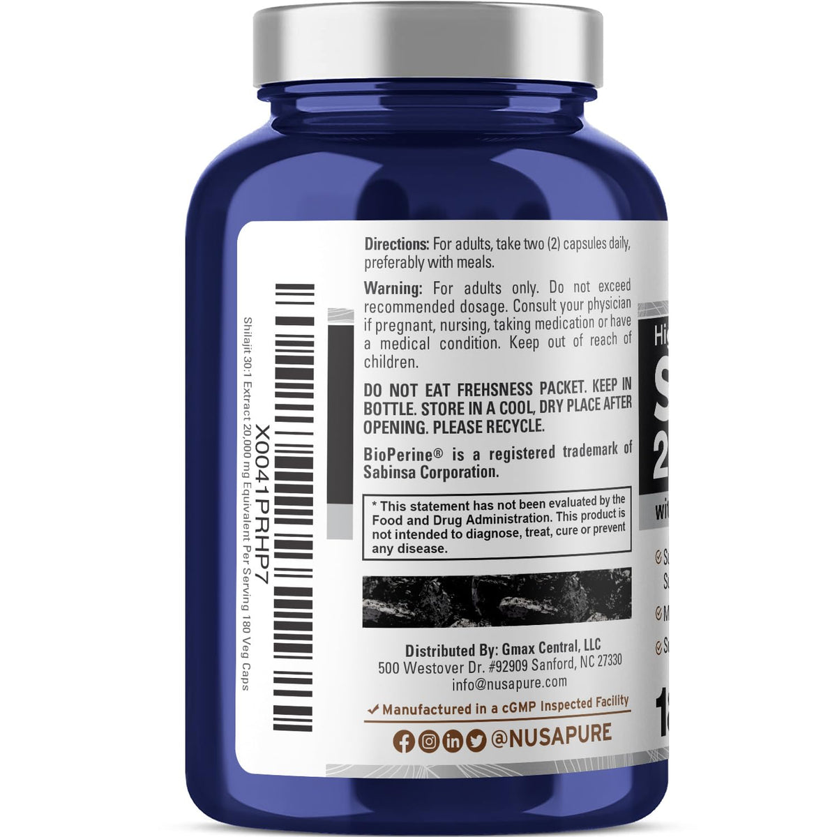 NusaPure Shilajit 20,000mg per Serving, 180 Veggie Caps, Non-GMO, Gluten Free, Bioperine NusaPureBuy Supplements Australia