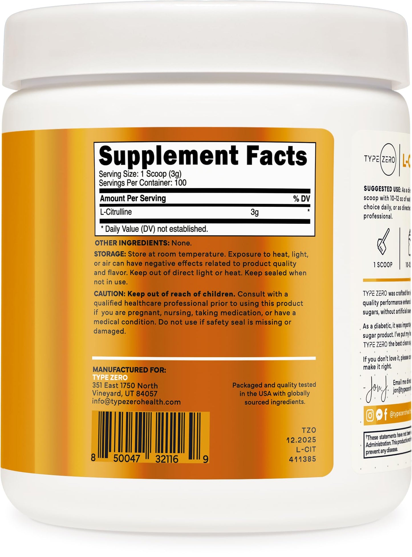 Type Zero L-Citrulline Base Powder, 3,000mg Per Serving - 100 Servings Type ZeroBuy Supplements Australia