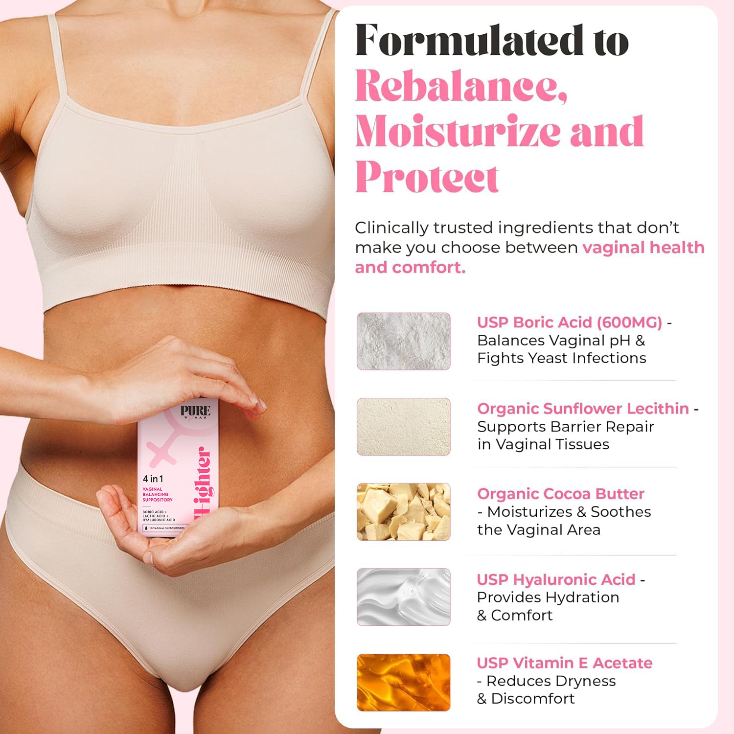 PURE WOMAN - pH-ighter Vaginal Boric Acid Suppositories for Women - Hyaluronic Acid - 4 in 1 Vaginal Suppositories for Discomfort, Dryness, Odor & pH Balance- Full Vaginal Health Care - 5pk PURE WOMANBuy Supplements Australia