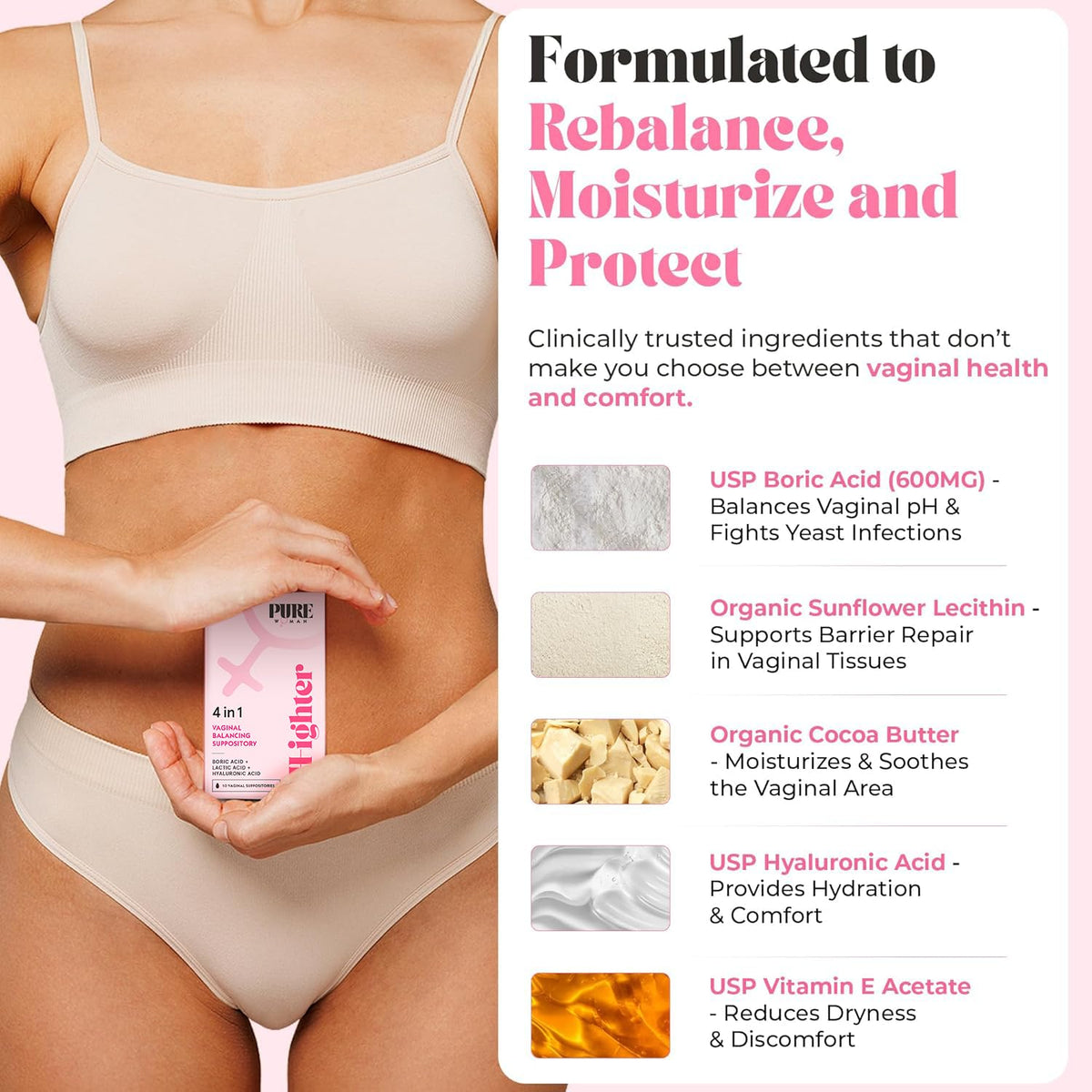 PURE WOMAN - pH-ighter Vaginal Boric Acid Suppositories for Women - Hyaluronic Acid - 4 in 1 Vaginal Suppositories for Discomfort, Dryness, Odor & pH Balance- Full Vaginal Health Care - 5pk PURE WOMANBuy Supplements Australia
