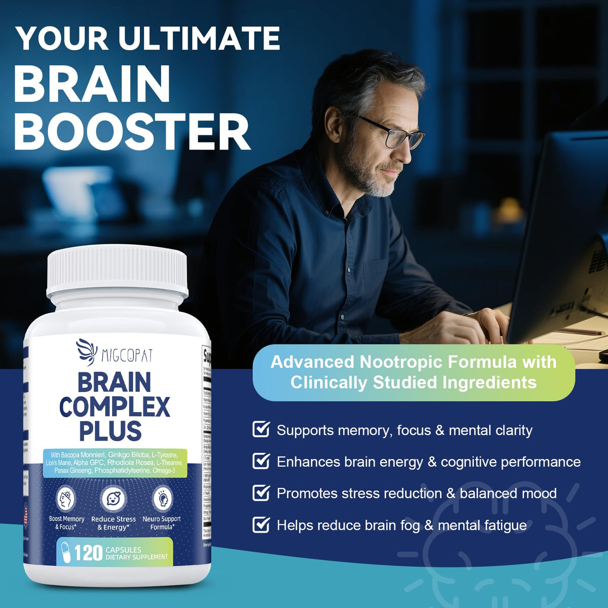 Brain Supplements for Memory & Focus - Nootropic with Bacopa Monnieri, Lion's Mane, Alpha GPC, Phosphatidylserine | Supports Mental Clarity & Cognitive Function | Vitamin B6 & B12-120 Capsules MigcopatBuy Supplements Australia