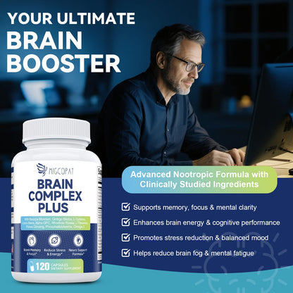 Brain Supplements for Memory & Focus - Nootropic with Bacopa Monnieri, Lion's Mane, Alpha GPC, Phosphatidylserine | Supports Mental Clarity & Cognitive Function | Vitamin B6 & B12-120 Capsules MigcopatBuy Supplements Australia